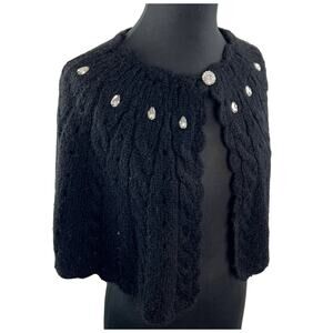 CHARLOTTE Black Mohair Blend Crewneck Cable-knit Poncho Sweater Rhinestone S/M